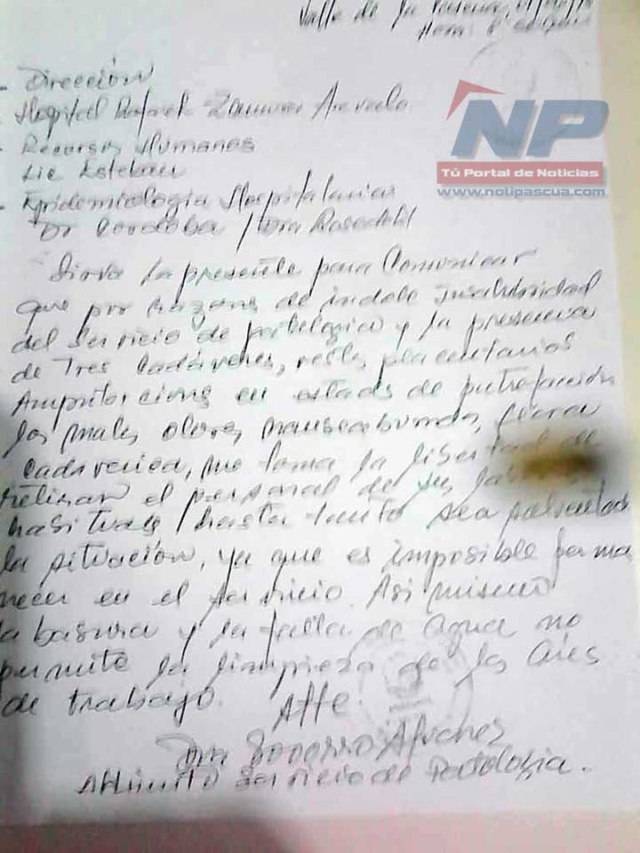 La carta dirigida por el personal de Patología del Hospital Dr. Rafael Zamora Arevalo a la dirección del nosocomio. 