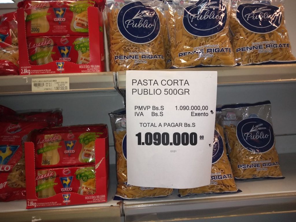 Medio kilo de pasta supera el millón de bolívares en varios comercios