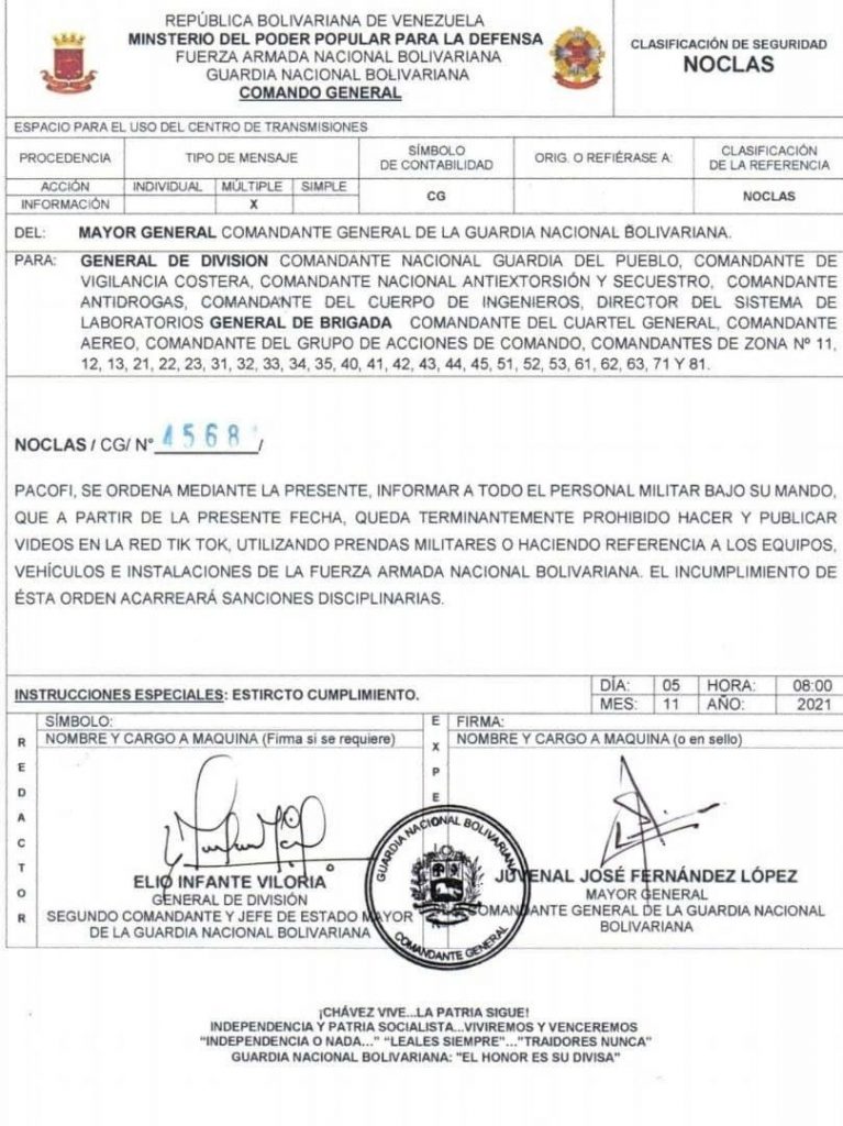 Documento emitido por el Ministerio de la Defensa